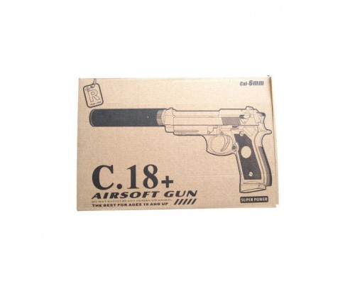 Пистолет для страйкбола с глушителем Airsoft Gun C18+ (Beretta M9A1)